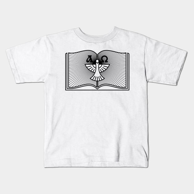 The dove is a symbol of the Holy Spirit, and an open bible Kids T-Shirt by Reformer